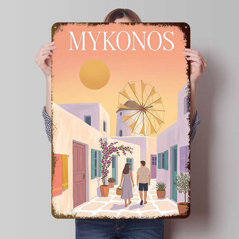 Retro Gaming Bar - Póster Metálico de Míconos, Grecia, Arte