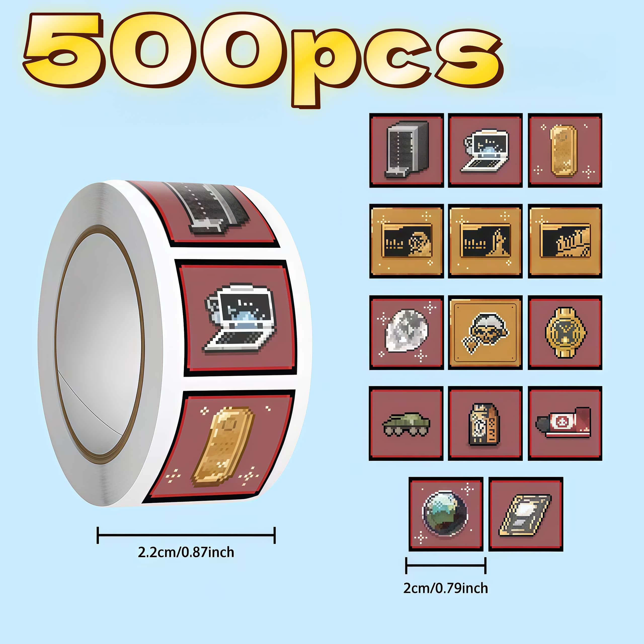 Retro Gaming Bar - Rollo de 500 pegatinas de píxeles
